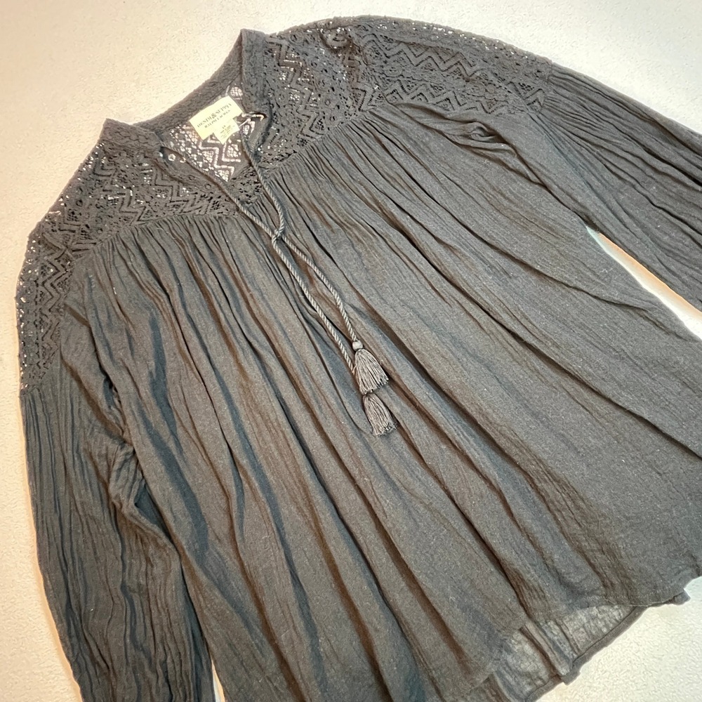 Denim & Supply Ralph Lauren Black Cotton Gauze Crochet Lace Peasant Blouse Small